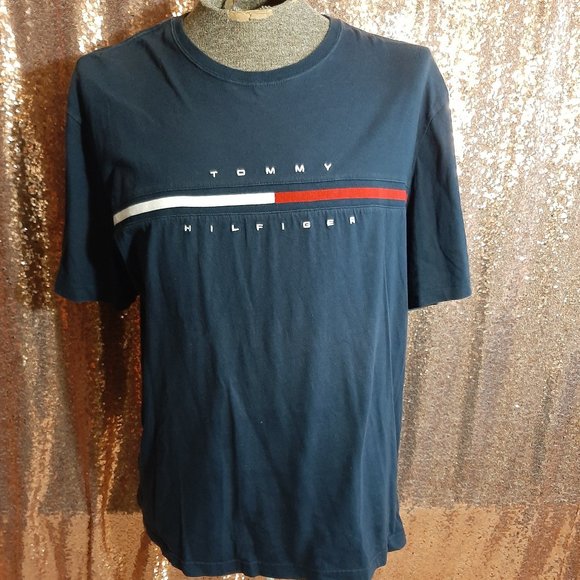 Tommy Hilfiger Men's Navy Crew Neck Striped Logo T-Shirt Size XXL